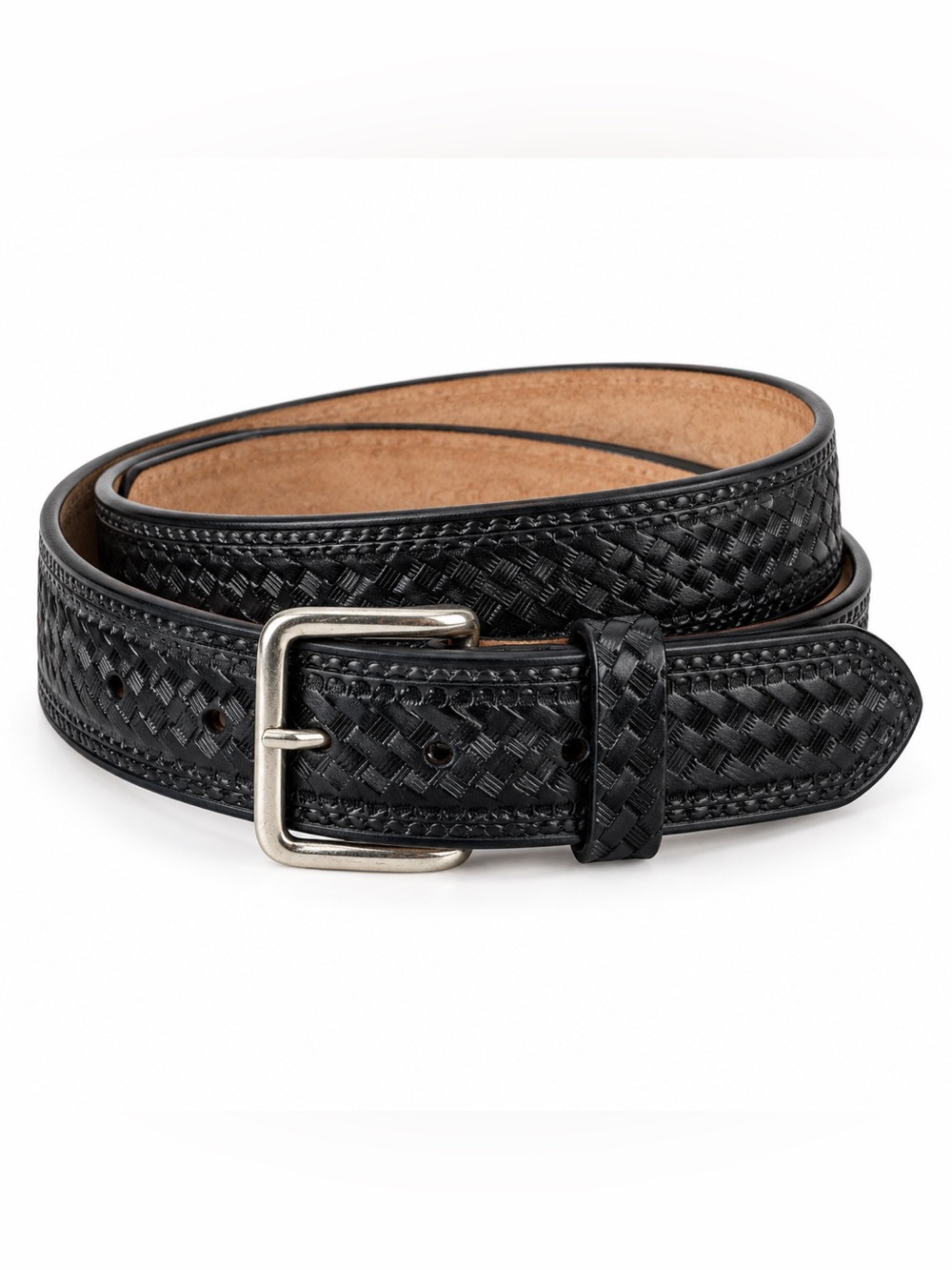 NEW Mens Black Woven Leather Belt Size 44 Silver Tone Buckle 1.5” Wide Belt
